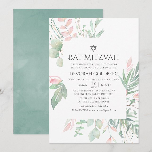 Invitation Pastel Blush Greenery Bat mitzvah (Devant / Derrière)