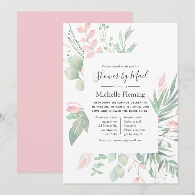 Invitation Pastel Blush Greenery Bridal ou Baby Mail Douche (Devant / Derrière)