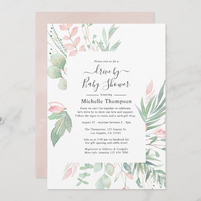 Invitation Pastel Blush Greenery Drive Par Douche (Devant / Derrière)