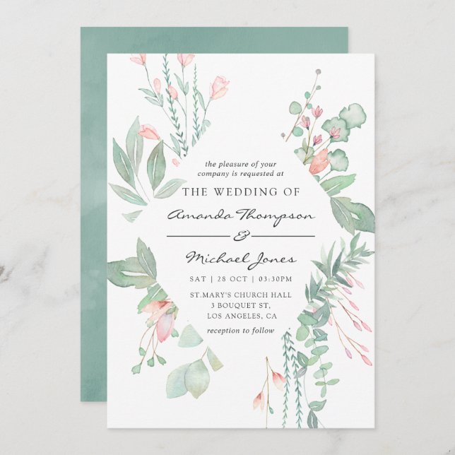 Invitation Pastel Blush Greenery Mariage (Devant / Derrière)