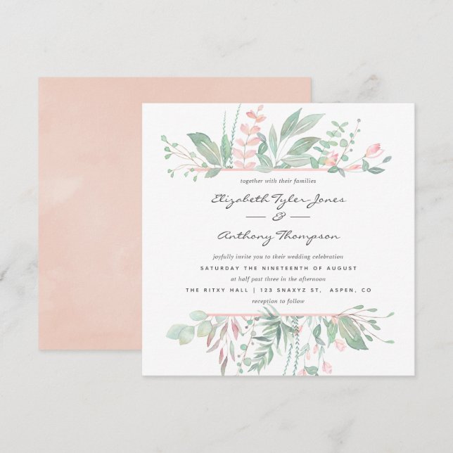 Invitation Pastel Blush Greenery Mariage (Devant / Derrière)