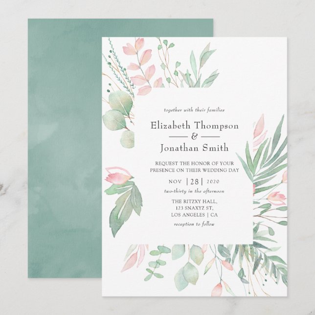 Invitation Pastel Blush Greenery Mariage (Devant / Derrière)