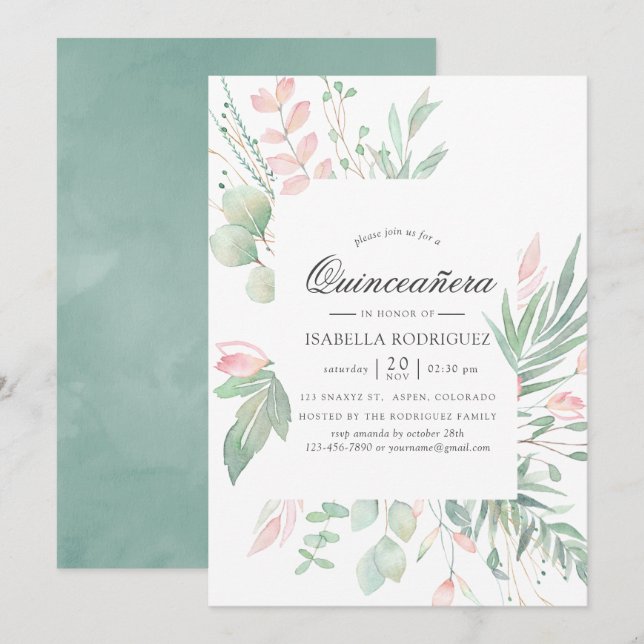Invitation Pastel Blush Greenery Quinceañera (Devant / Derrière)