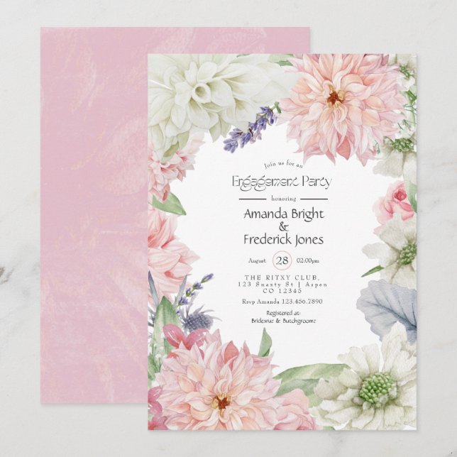 Invitation Pastel Blush Pink Dahlia Engagement Party Invitati (Devant / Derrière)