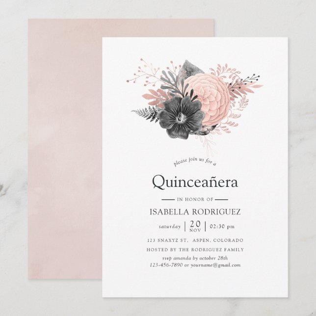Invitation Pastel Blush rose et charbon de bois Quinceañera (Devant / Derrière)