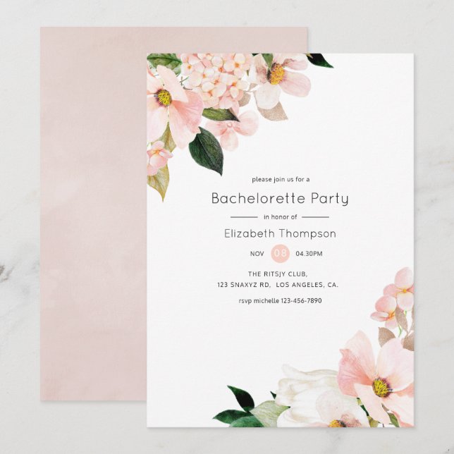 Invitation Pastel Blush Rose Floral Bachelorette Party (Devant / Derrière)