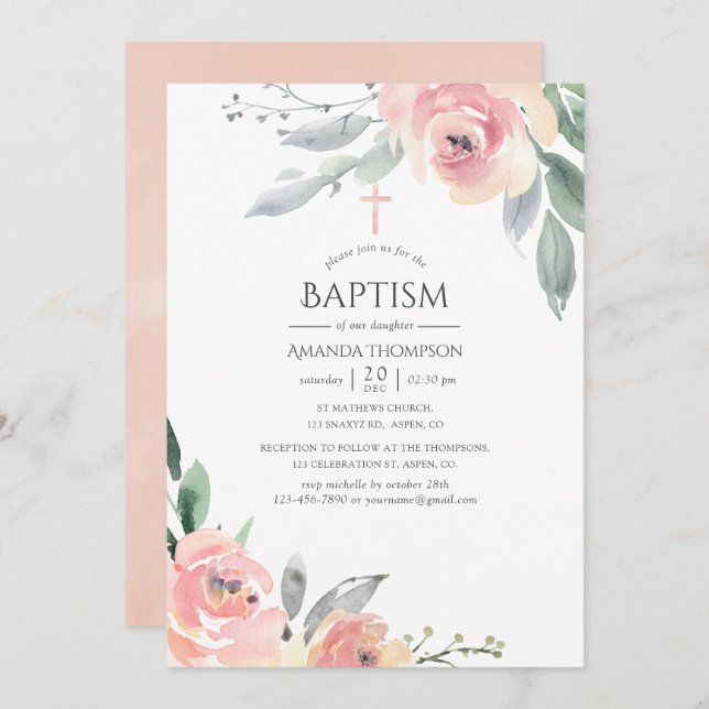 Invitation Pastel Blush rose Floral Baptême (Devant / Derrière)