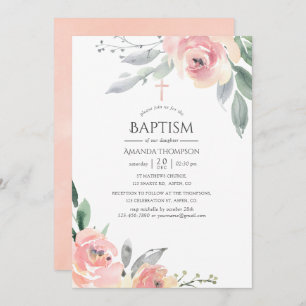 Invitation Pastel Blush rose Floral Baptême