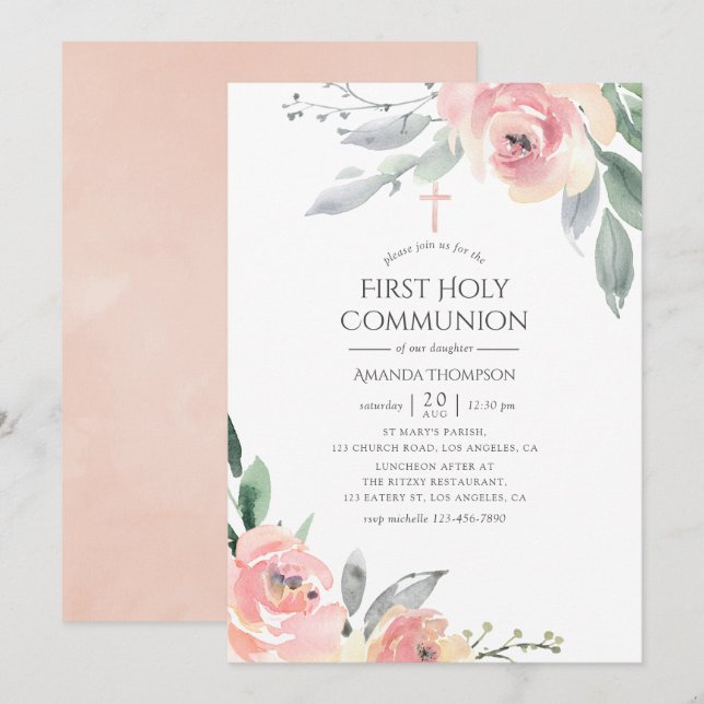 Invitation Pastel Blush Rose Floral Première Sainte Communion (Devant / Derrière)