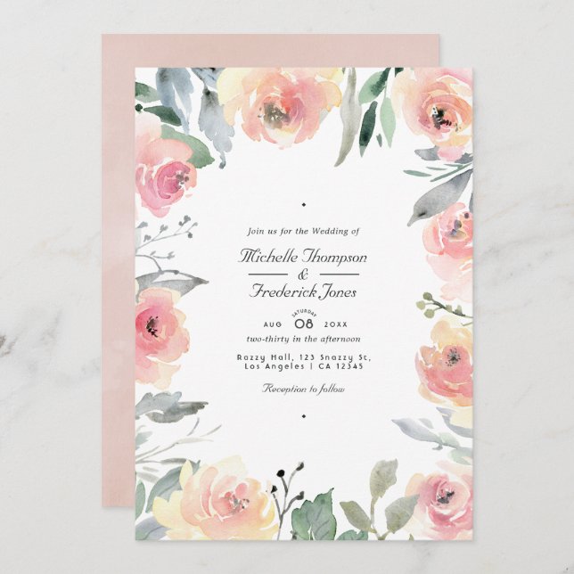 Invitation Pastel Blush rose Floral QR Code RSVP Mariage (Devant / Derrière)