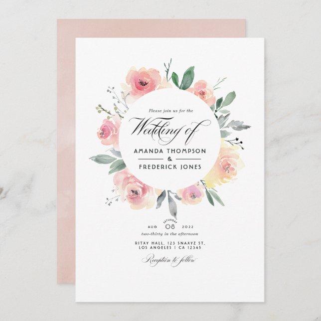 Invitation Pastel Blush rose Floral QR Code RSVP Mariage (Devant / Derrière)