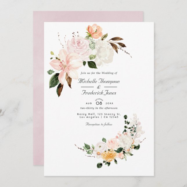 Invitation Pastel Blush rose Floral QR Code RSVP Mariage (Devant / Derrière)