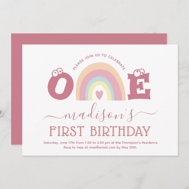 Invitation Pastel Blush Rose Rainbow Girls 1er anniversaire (Devant / Derrière)