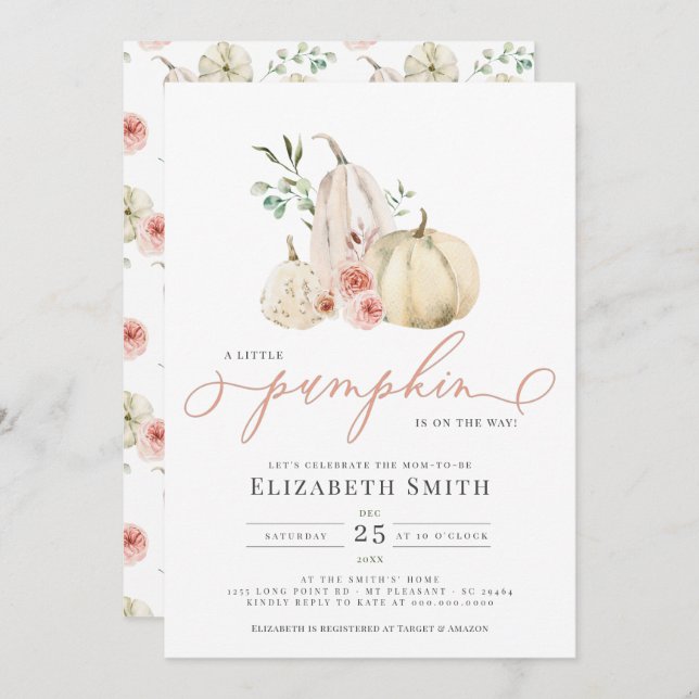 Invitation Pastel Blush Verdure Citrouille Floral Aquarelle (Devant / Derrière)