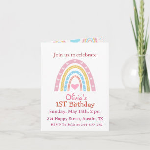 Invitation Pastel Boho Arc-en-ciel avec Coeurs Fille annivers