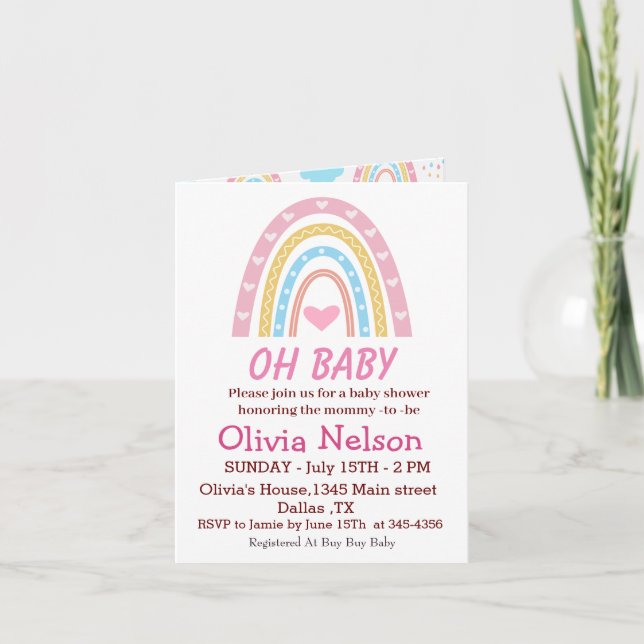 Invitation Pastel Boho Arc En Ciel Avec Coeurs Oh Baby shower (Devant)