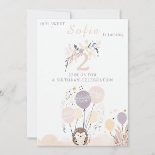Invitation Pastel Boho Hedgehog et Balloons Anniversaire