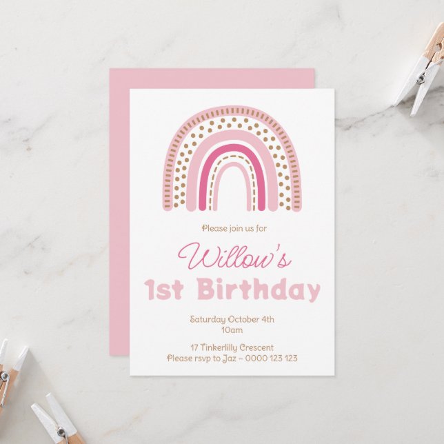 Invitation Pastel Boho Rainbow Minimalist Girl 1er anniversai (Devant/Arrière en situation)