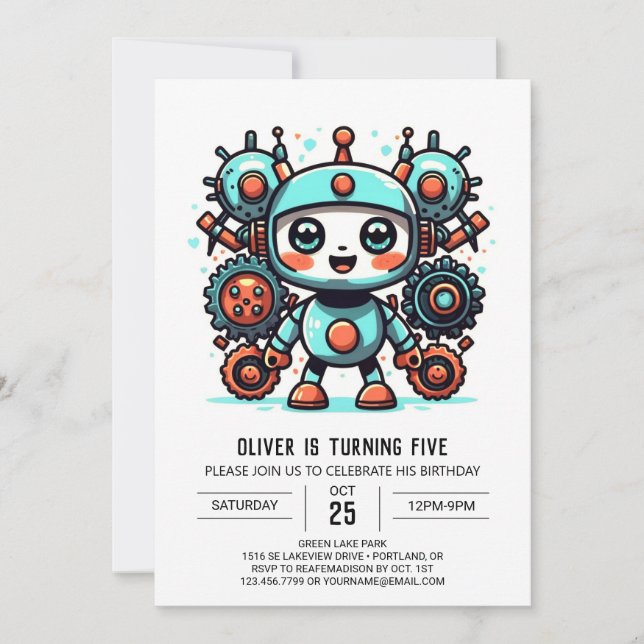 Invitation Pastel Bolts Robot Bohème Anniversaire (Devant)