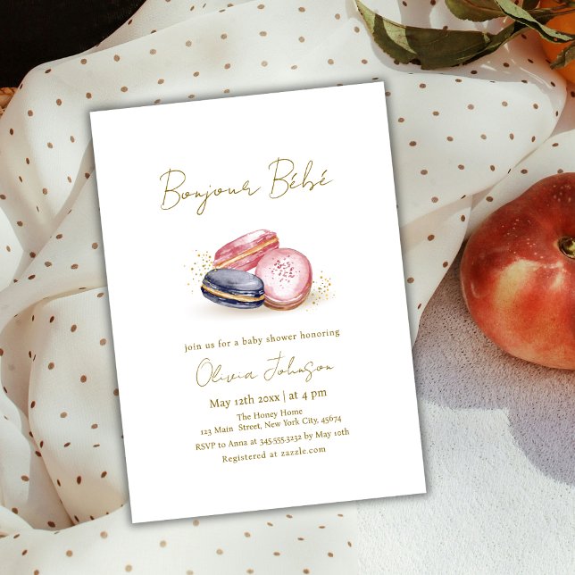 Invitation Pastel Bonjour Bébé Baby shower Français Macarons (Pastel Bonjour Bébé French Macarons Baby Shower Invitation)