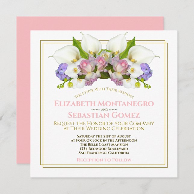 Invitation Pastel Bouquet Printemps Arc Floral Carré Mariage (Devant / Derrière)