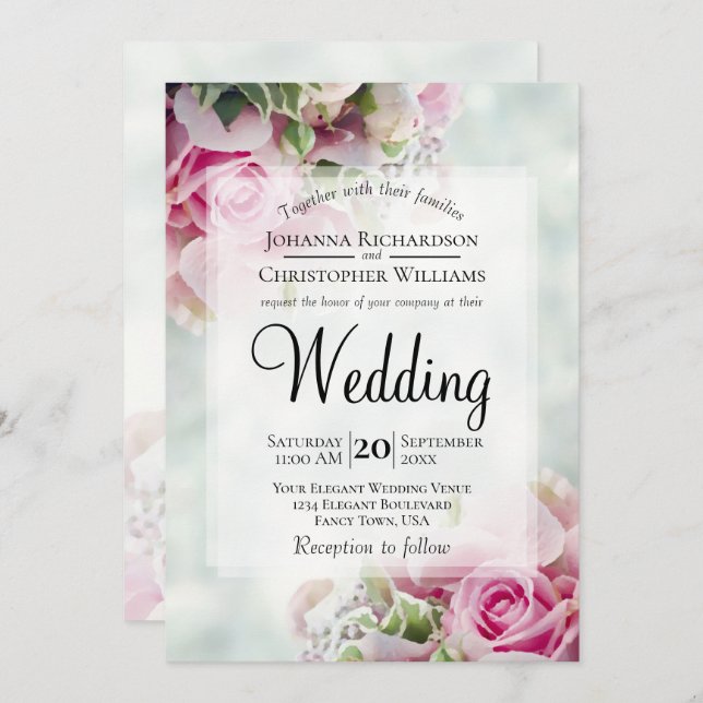 Invitation Pastel Bouquet Roses roses et Mariage de pivoines (Devant / Derrière)