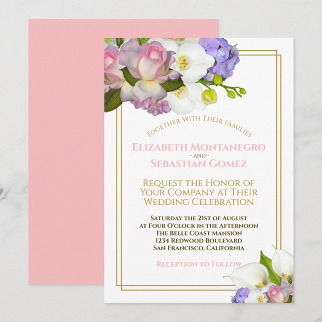 Invitation Pastel Bouquet Spring Floral or et Mariage rose (Devant / Derrière)
