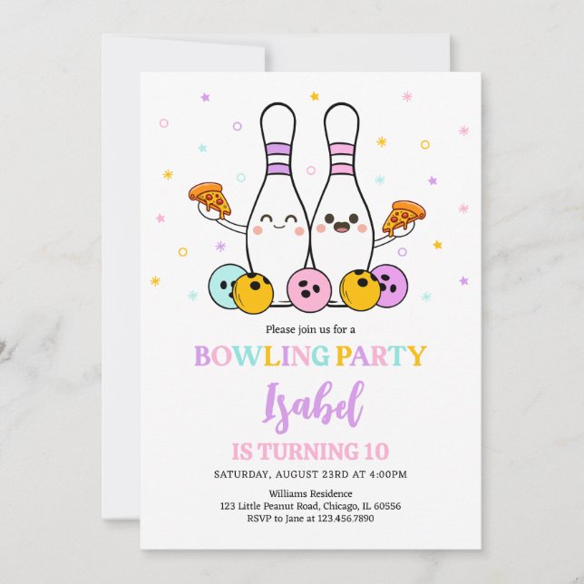 Invitation Pastel Bowling et Pizza fête d'anniversaire (Devant)