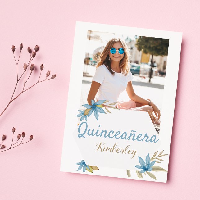 Invitation Pastel brown blue flower Photo Quinceañera Party (Pastel brown blue flower Photo Quinceañera Party)