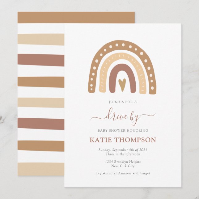 Invitation Pastel Brown Rainbow Boho Drive Par Baby shower (Devant / Derrière)