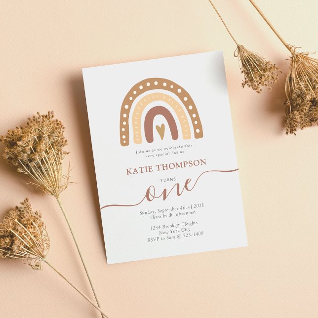 Invitation Pastel Brown Rainbow Boho Premier anniversaire (Créateur téléchargé)