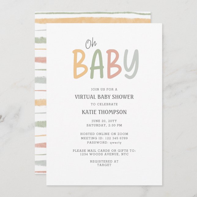 Invitation Pastel Brush Strokes Oh Baby Baby shower virtuel (Devant / Derrière)