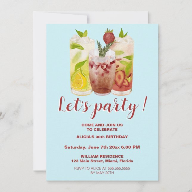 Invitation Pastel Bue Summer Cocktail Party Anniversaire (Devant)