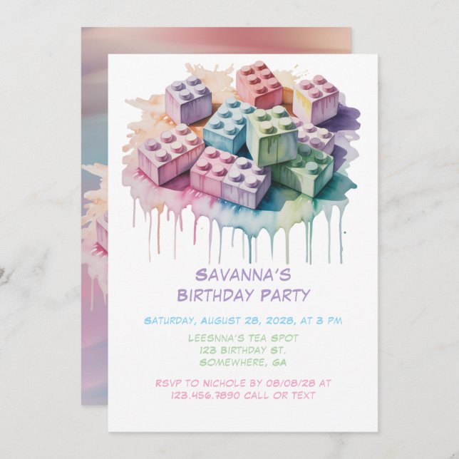 Invitation Pastel Building Block Splash Girl Birthday Party (Devant / Derrière)