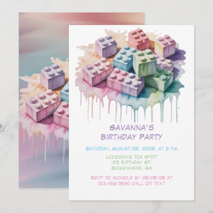 Invitation Pastel Building Block Splash Girl Birthday Party