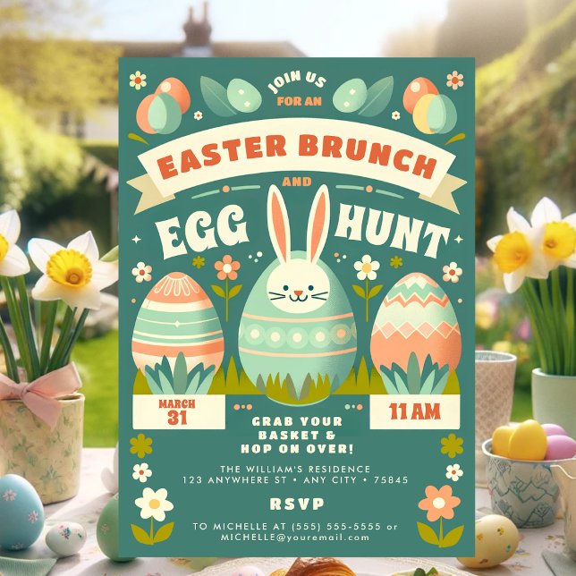Invitation Pastel Bunny de printemps Chasse aux oeufs de Pâqu (Vintage Teal Easter Brunch Bunny Invitation)
