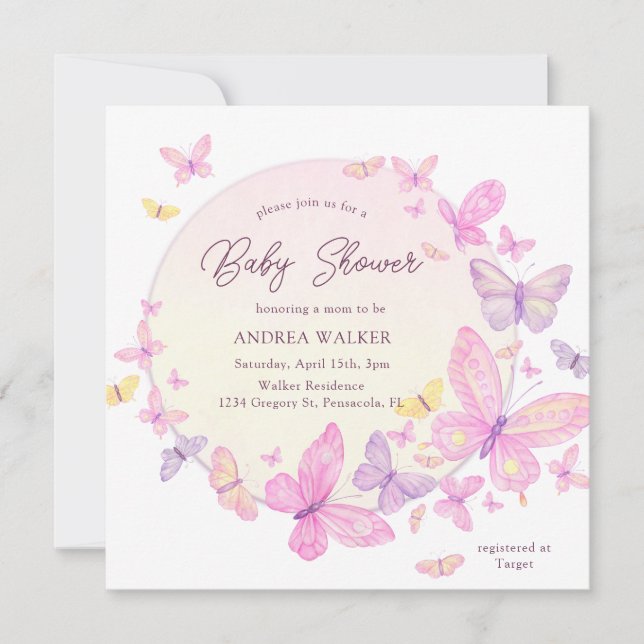 Invitation Pastel Butterflies Pink Purple Elegant Baby Shower (Devant)