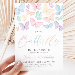 Invitation Pastel Butterfly Girl's 1er anniversaire Rainbow P