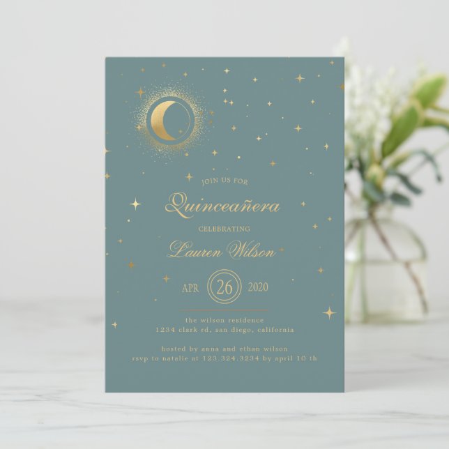 Invitation Pastel Celestial Gold Moon Stars Quinceanera (Debout devant)