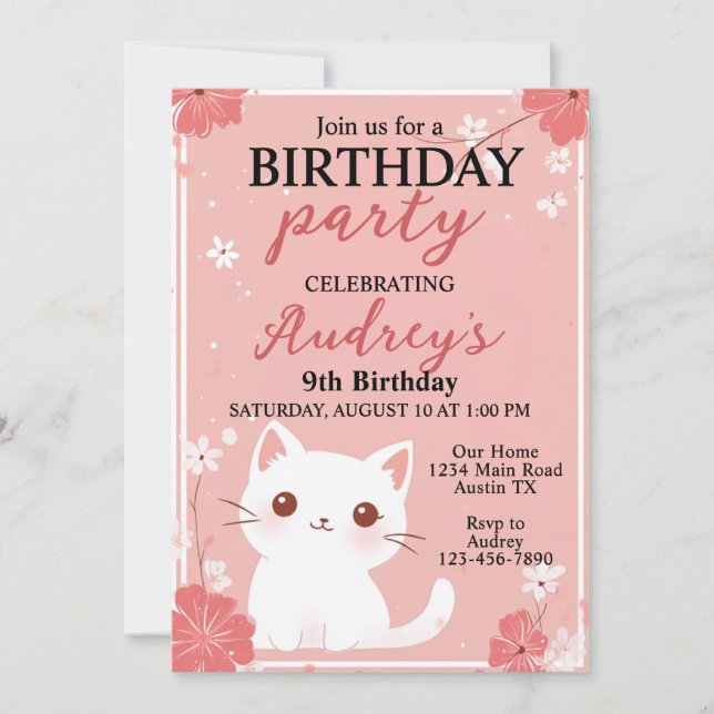 Invitation Pastel Chat Rose N'Importe Quel Âge Fille Annivers (Devant)