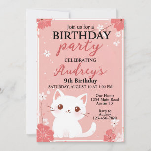 Invitation Pastel Chat Rose N'Importe Quel Âge Fille Annivers