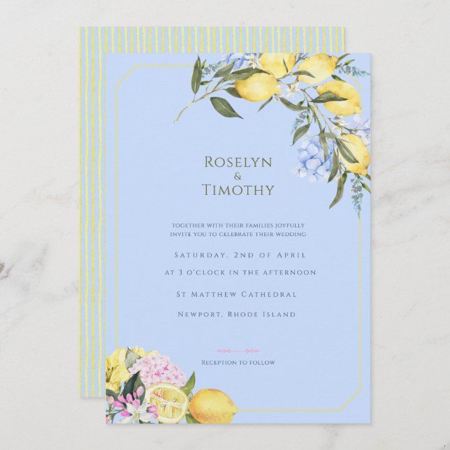 Invitation Pastel Citrus Blue Watercolor Floral Wedding (Devant / Derrière)