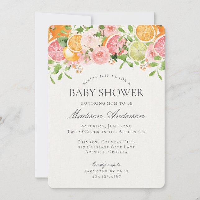 Invitation Pastel Citrus Floral Little Cutie Baby shower (Devant)