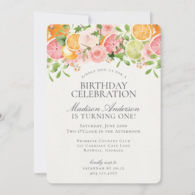 Invitation Pastel Citrus Floral Little Cutie Fête d'anniversa (Devant)