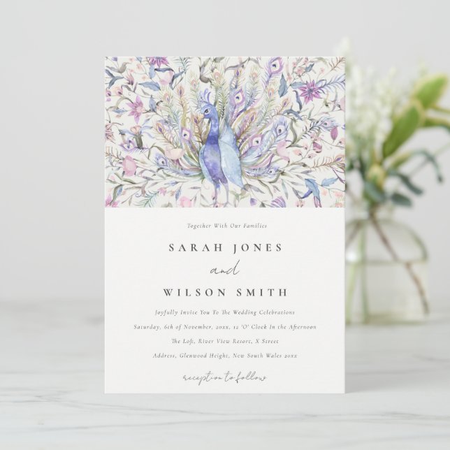 Invitation Pastel Classy Ornate Aquarelle Peacock Mariage (Debout devant)