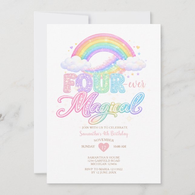 Invitation Pastel Cloud Magical Rainbow 4th birthday  (Devant)