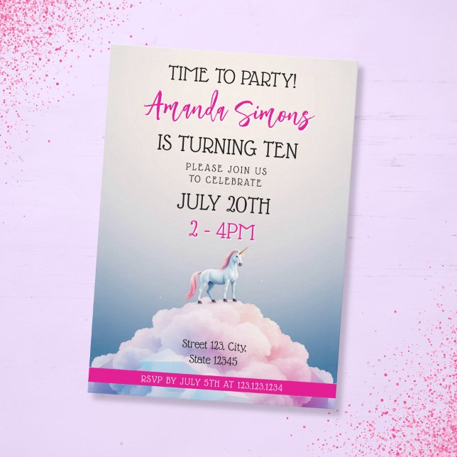 Invitation Pastel Cloud Unicorn Dreamscape Girl 10th Birthday (Créateur téléchargé)