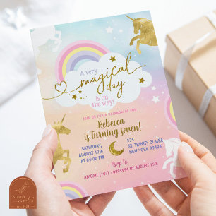 Invitation Pastel Colorful Gold Magique Unicorn fille Anniver