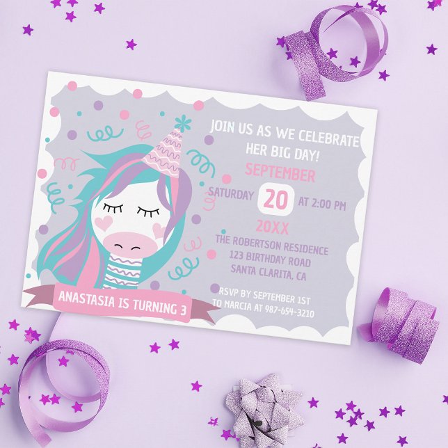 Invitation Pastel Coloured Unicorn Girl's Birthday Party (Créateur téléchargé)