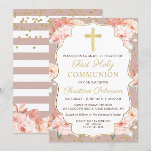 Invitation Pastel Coral Floral Gold Cross 1ère Sainte Communi